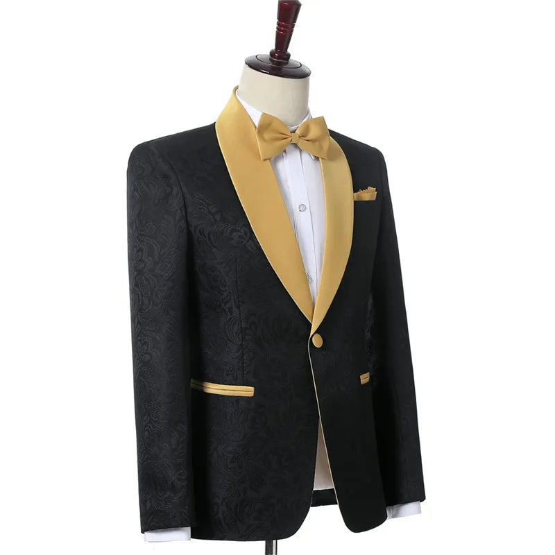 Floral Wedding Suits for Men with Gold Shawl Lapel 2 Pieces Slim Fit Groom Tuxedo Formal Fashion Male Suit Jacket with Pants