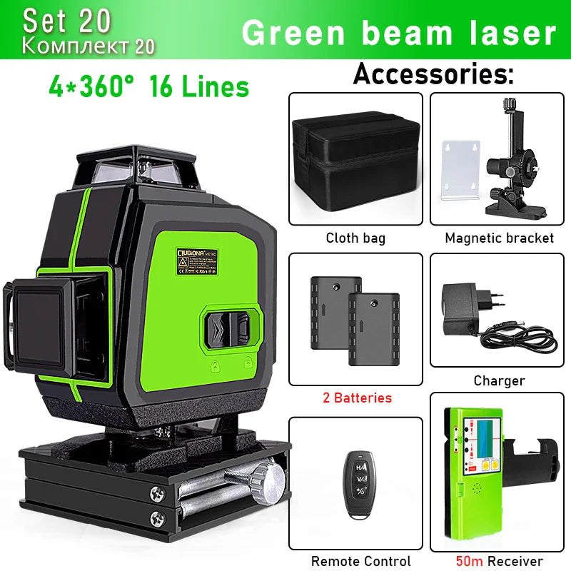 Clubiona 16/12 lines professional Super powerful Green Lines Laser Level With 4000mAh Li-ion Battery Remote Control pulse mode