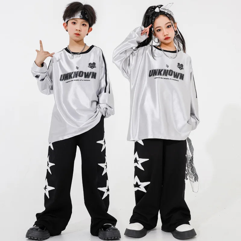 New Teenagers Kids Hip Hop Dance Costume Long Sleeve Tops Baggy Pants Boys Street Dance Wear Girls Jazz K-pop Performance Suit