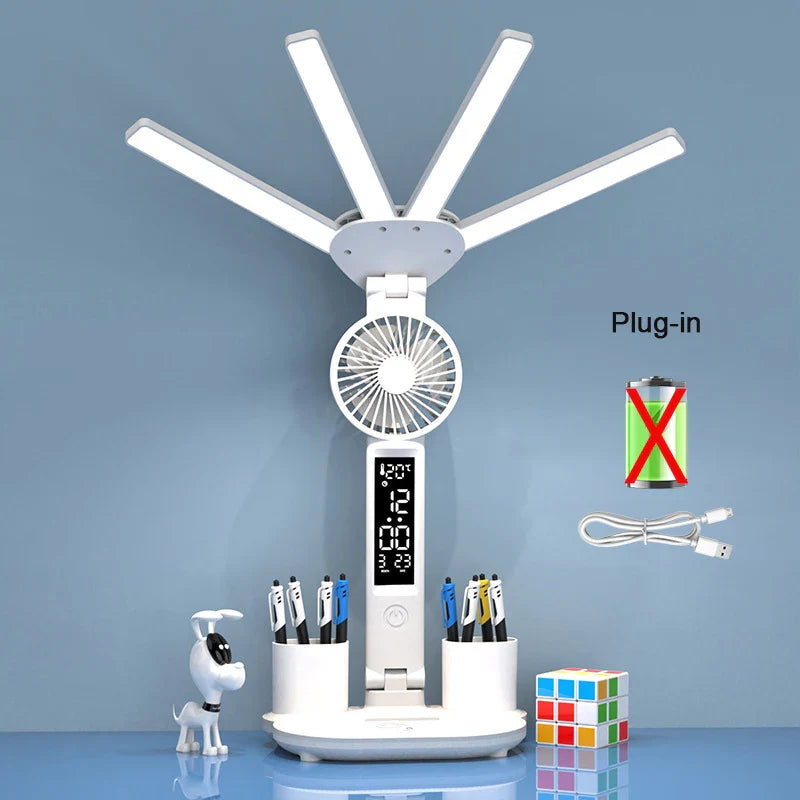 Rechargeable Table Lamp for Study, Desk Lamp Reading Light Led Table Light with Fan, Led Clock Dispaly Reading Lamp