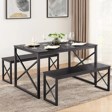 Kitchen Table with 2 Benches for 4-6,Wood Dining Room Dinette Sets with Metal Frame for Breakfast Nook and Small Space