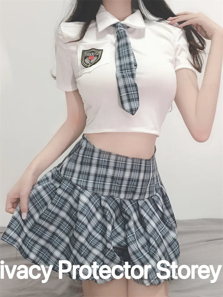 Sexy Lingerie School Student Uniform Role Play Costume Women Cute Mini Skirt Tight Blouse Set Porn College Girl Cosplay Anime