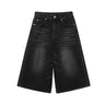 ReddaChic Hip-hop Men Jorts Low Rise Brushed Black Baggy Jeans Cropped Frayed Wide Leg Denim Shorts Oversize Pants Male Trousers