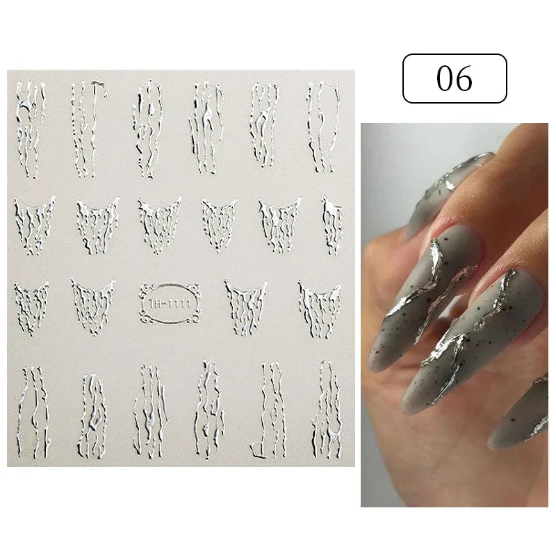 3D Silver Frame Nail Sticker Silver Bronzing Stripe Lines Sliders For Nails Tribal Pattern Decals Marble Blooming Nail Tattoos