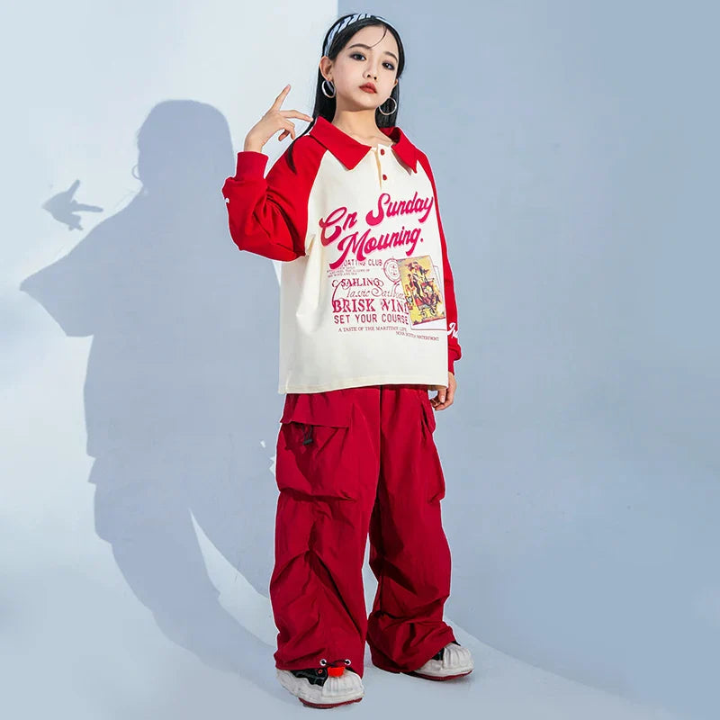 Kids Hip Hop Clothing White Polo Sweatshirt Tops Casual Red Cargo Pants Joggers Street for Girl Boy Jazz Dance Costume Clothes