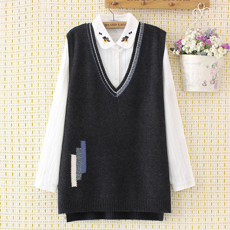 Plus Size Sweater Vest Women Clothing 4xl Loose Stripe Jacquard Knitted Pullover V-Neck Sleeveless Curve Jumper E2-1170