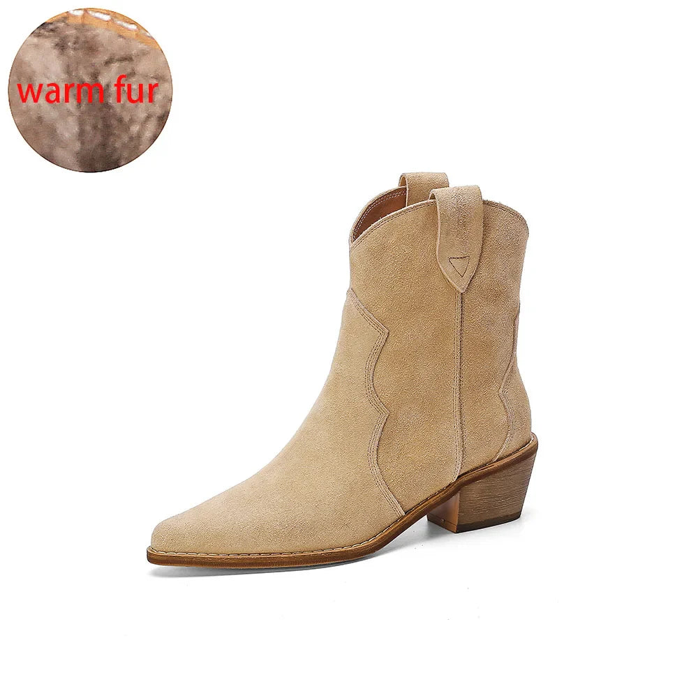 2023 Classic Western Boots for Woman Cow Suede Pointed toe Wedges Heel Ankle Boots Simple Comfortable Cowboy Boots Female