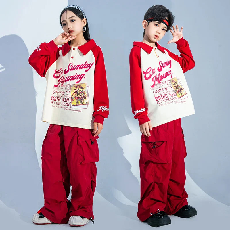 Kids Hip Hop Clothing White Polo Sweatshirt Tops Casual Red Cargo Pants Joggers Street for Girl Boy Jazz Dance Costume Clothes