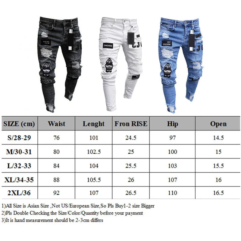 White Embroidery Jeans Men Cotton Stretchy Ripped Skinny Jeans High Quality Hip Hop Black Hole Slim Fit Oversize Denim Pants