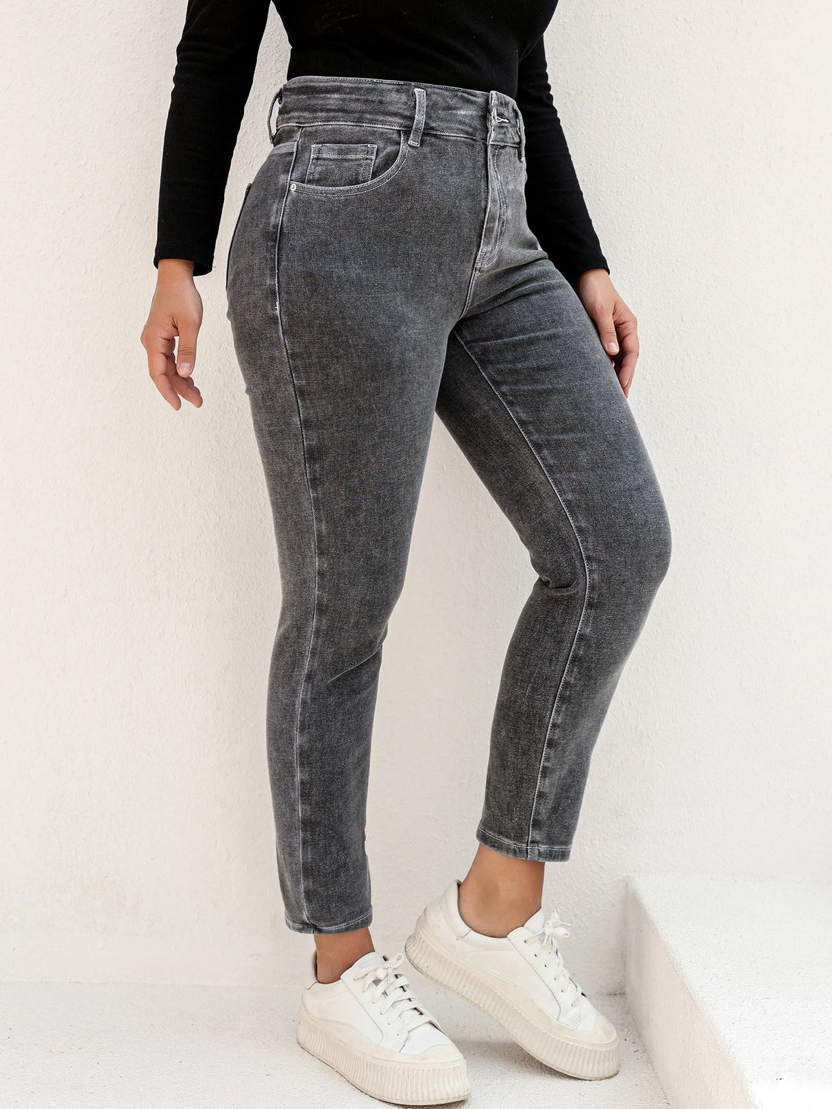 Plus Size Gray Jeans for Women Stretchy High Waist Mom Jeans Harem Full Length Washing Denim Jeans Curvy Fitting 100 Kgs Jeans