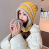 New Knitted Hat Thick Warm Earflap Hats Scarf 2Pcs Set Fleece Lined Ball Pompom Skullies Beanies Women Winter Rabbit Fur Cap