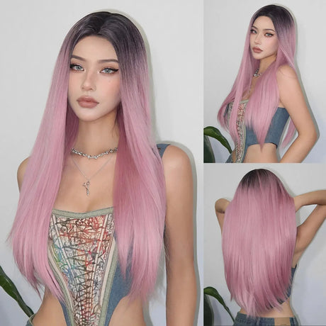 Natural Black Long Straight Synthetic Women Wigs Middle Part for Women Afro Daily Cosplay Party Heat Resistant Fiber Wig