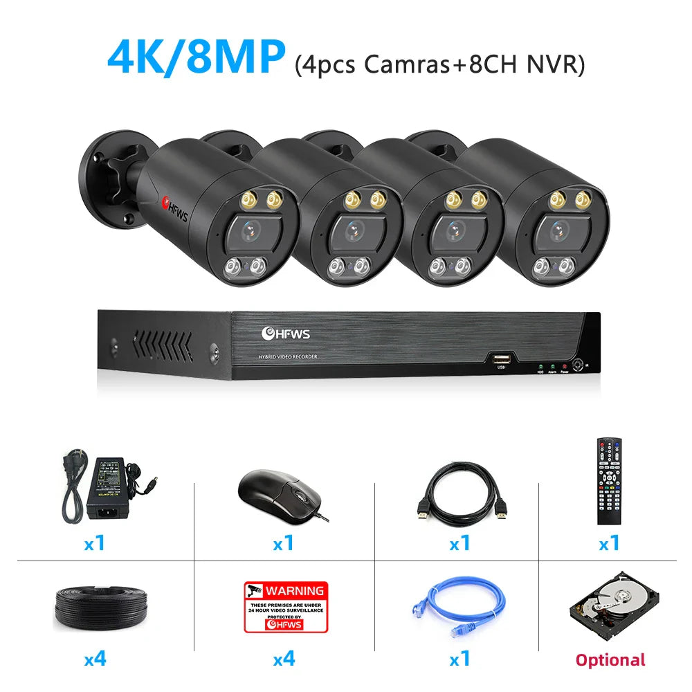 Surveillance Camera System 4K Video Recorder Nvr 8CH Home Outdoor Security Cctv Kit  Security Protection Poe Ip Cameras