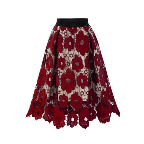 Elegant Summer Boho Lace Skirts Women Vintage Mesh Hollow Out Midi Plus Size Skirt Elastic Waist A-Line Saias Black Red Green