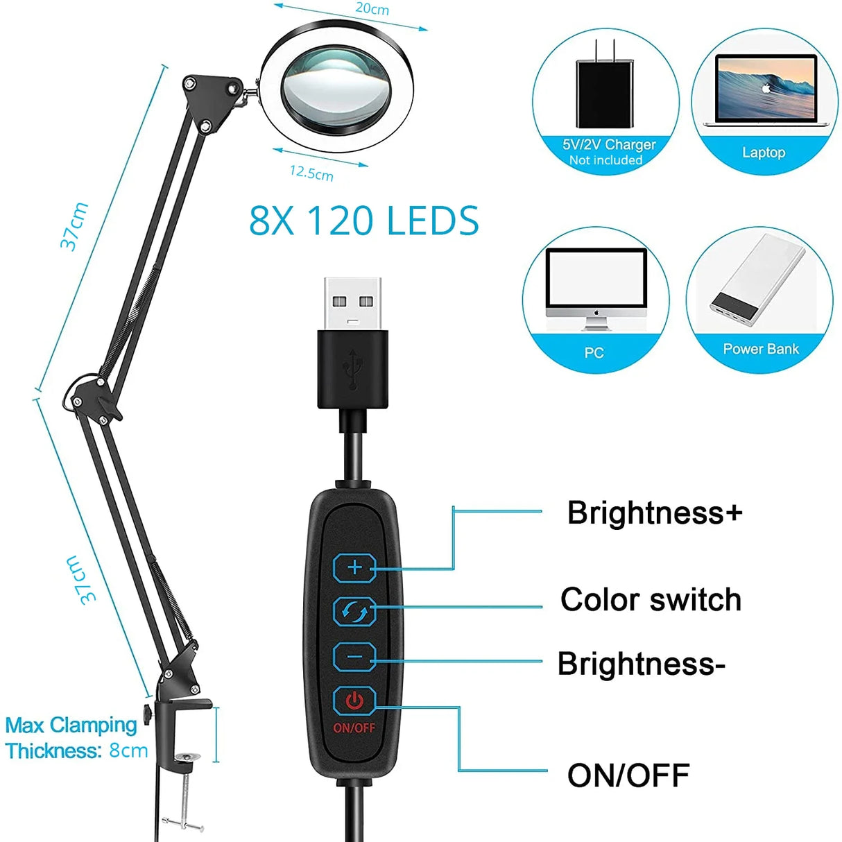 2021 NEW 200MM Diam 120 LED 8X Magnifying Glass for Reading Soldering station phone with LED light stand Illuminated magnifier