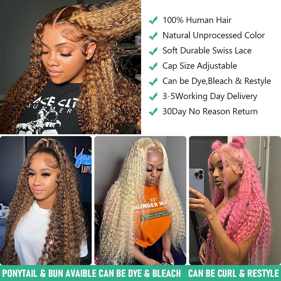 30 32Inch Highlight Curly 13x6 Lace Front Wig 4/27 Colored 13x4 HD Deep Wave Human Hair Wigs Brazilian Ombre Lace Wigs For Women