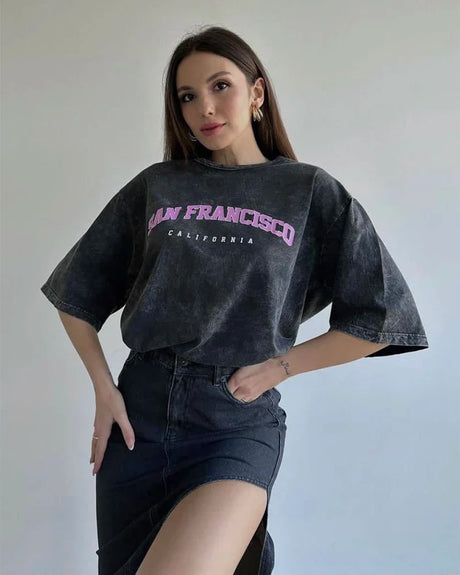 Blessyuki Quality Acid Wash Washed Print TShirt Women Plus Size Vintage Streetwear Mineral T-shirts Girls Luxury Brand Tops Y2k