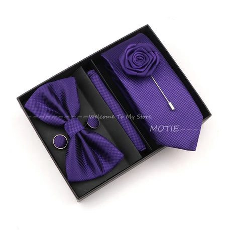 Solid Color Slim Plaid Ties Set With Box Purple Pink Bowties Handkerchiefs Brooches Cufflinks For Wedding Suit Accessories Gifts