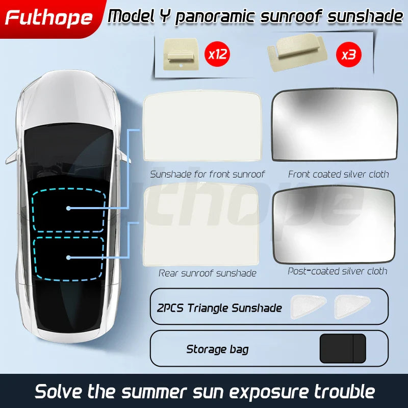 Futhope Upgrade Ice Cloth Buckle Sun Shades Glass Roof Sunshade For Tesla Model 3 Y 2021-2024 Front Rear Sunroof  Skylight