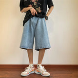 Summer Denim Shorts for Men Korean Harajuku Retro All-Match Baggy Straight Bottoms Wide-Leg High Street Five-Point Jeans Pants