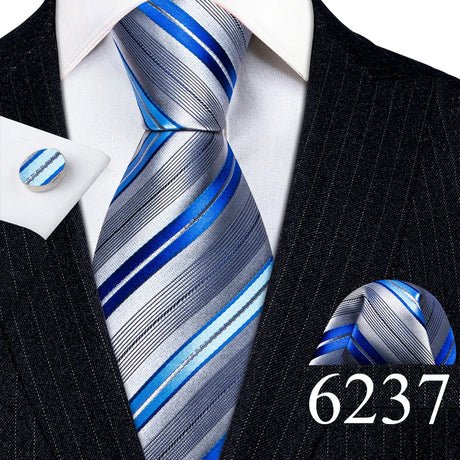 Luxury Mens Ties Set Blue Silver Gray Striped Necktie Pocket Square Cufflinks Set Wedding Gift Corbatas Clip Barry·Wang 6237