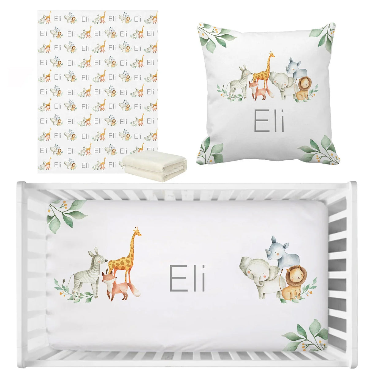 LVYZIHO Baby Crib Bedding Set Nursery, Elephant Lion Crib Sheet Set, Personalized Name Jungle Animals Baby Bedding Set