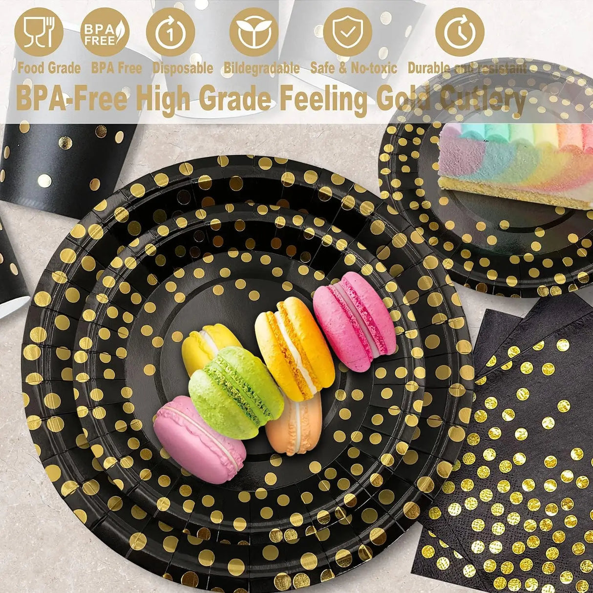 Black and Gold Party Supplies Polka Dot Plate Disposable Party Dinnerware Golden Spoon Fork Cup Tablecloth for Graduation