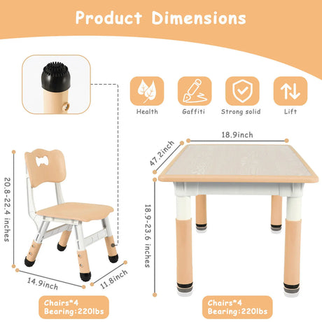 Kids Study Table and 4 Chair Set Height Adjustable Toddler Craft and Play Table for Graffiti Desktop Plastic Children Art