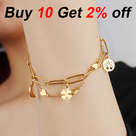 Heart Pendant Stainless Steel Bracelet Women Fashion 316L Bracelets With Beads Exquisite Natural Stone Chain Bracelets For Women