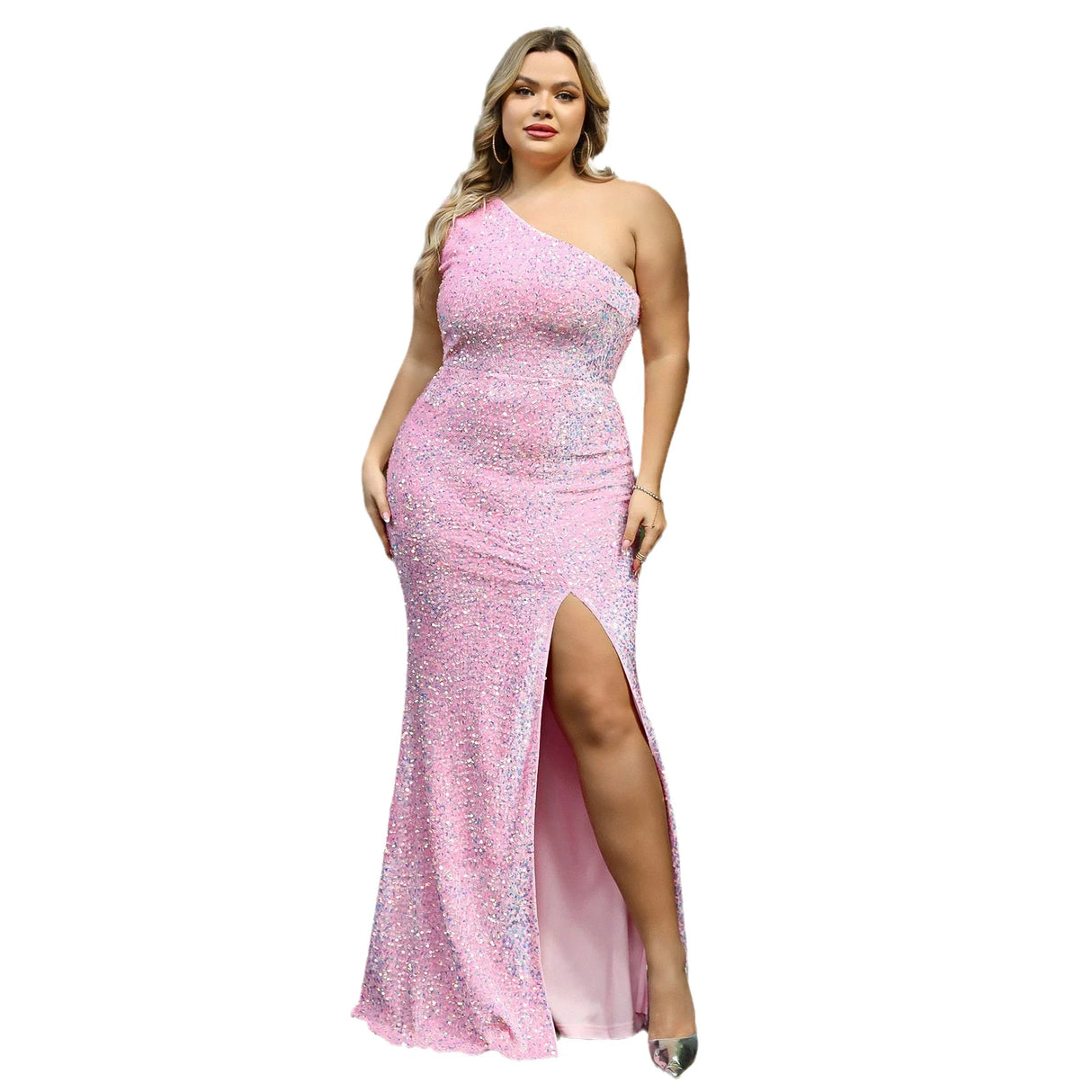 LOVE&LEMONADE Plus Size Sexy Diagonal Collar One Shoulder Sleeveless Slim Fit Sequin Evening Party Maxi Dress LM84402PLUS