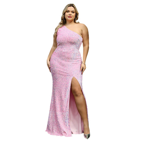 LOVE&LEMONADE Plus Size Sexy Diagonal Collar One Shoulder Sleeveless Slim Fit Sequin Evening Party Maxi Dress LM84402PLUS