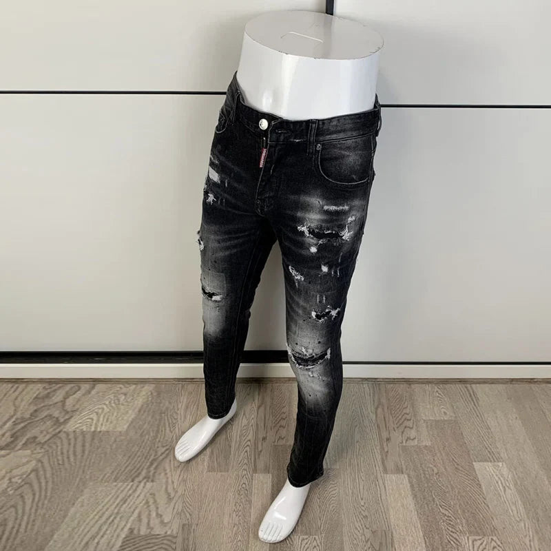 Street Fashion Men Jeans Retro Black Gray Elastic Stretch Slim Fit Hole Ripped Jeans Men Patched Designer Hip Hop Brand Pants