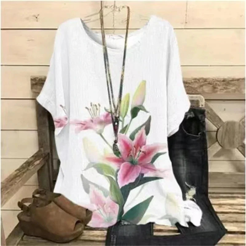 New Fashion Women T-Shirt O-Neck Casual Short Sleeve Flowers Print Tshirt Plus Size Female Summer Harajuku Loose Ladies Pu-shirt