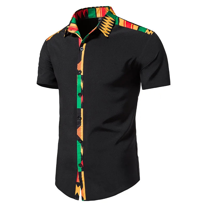 African Kente Print Shirt Short Sleeves Summer Men's 2023 Fashion Patchwork Button Turn Traditional Dashiki Casual Work Tops