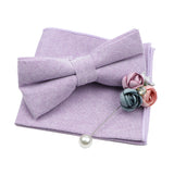 Solid Color Mens Bowtie Brooch Set 100% Cotton Pink Blue Bow Tie Flower Lapel Pin Romantic Wedding Party Suit Shirt Accessories