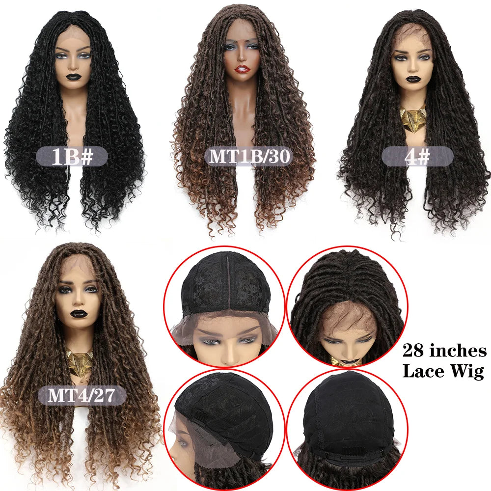 X-TRESS Goddess Faux Locs Wigs Long Braided Lace Front Synthetic Braids Wig Bohemian Curly Hair Crochet Braiding Hair for Women