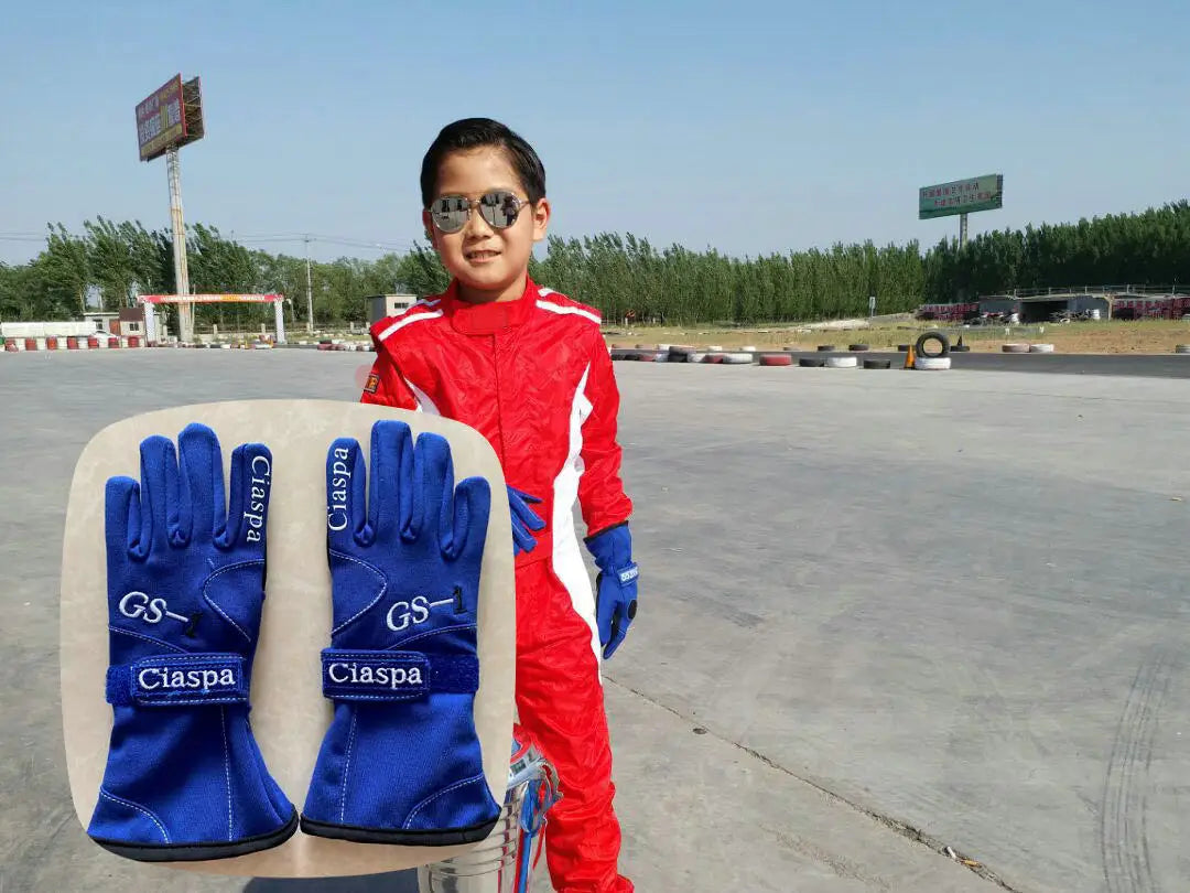 Child car racing gloves cotton and polyester gloves  2layers  gloves fit boys girls black blue and red size S M L