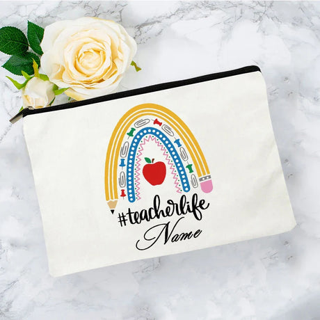 White Personalized Name Bag woman rainbow print Makeup Bag Storage Pouch Toiletries storage Cosmetic Pocket Gift for teachers