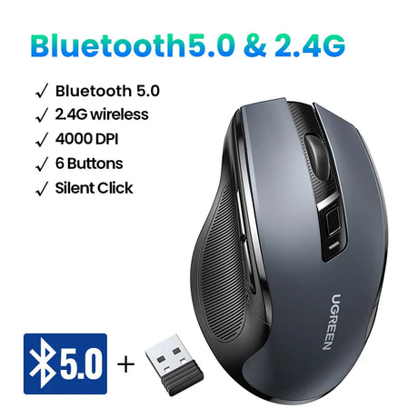 UGREEN Wireless Mouse Bluetooth5.0 Mouse Ergonomic 4000DPI 6 Mute Buttons Mouse For MacBook Tablet Laptops Computer PC 2.4G Mice