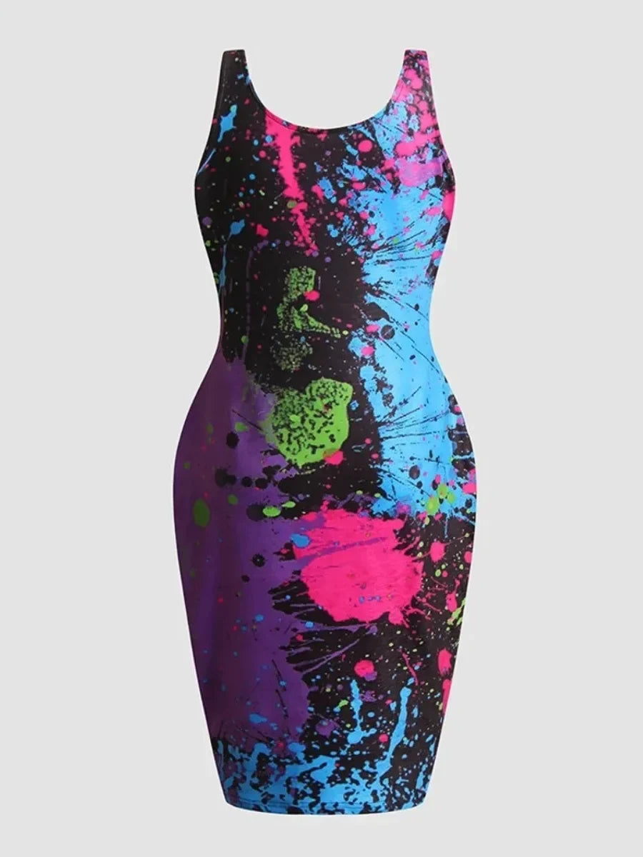 LW Plus Size Splash Ink Bodycon Cami Dress U Neck Bodycon Sexy Slim Mini Dress Sleeveless Tank Top Casual Style