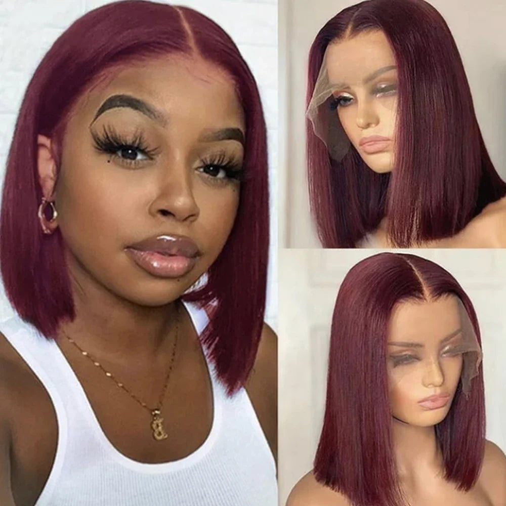 Brown Short Bob Wigs Human Hair 13x4 Hd Lace Frontal Human Hair Wig For Women Burgundy Highlight 99J Straight Lace Front Bob Wig