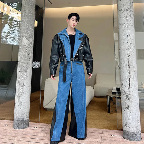 NOYMEI Irregular Washed Denim Patchwork Lapel Short Jacket Wide Leg Pants Men's Twp Pieces Set Autumn 2024 New Male Suits WA3009