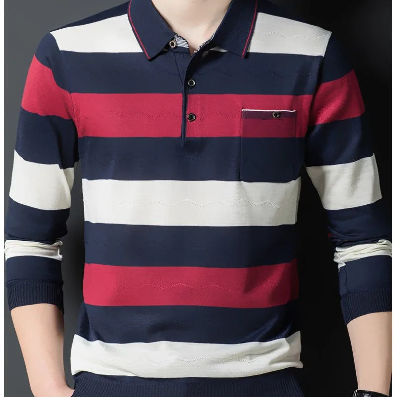 Autumn Winter Polo New Men's Clothing Loose Striped Long Sleeve Tees Turn-down Collar Shirt Business Casual Fashion Pockets Tops