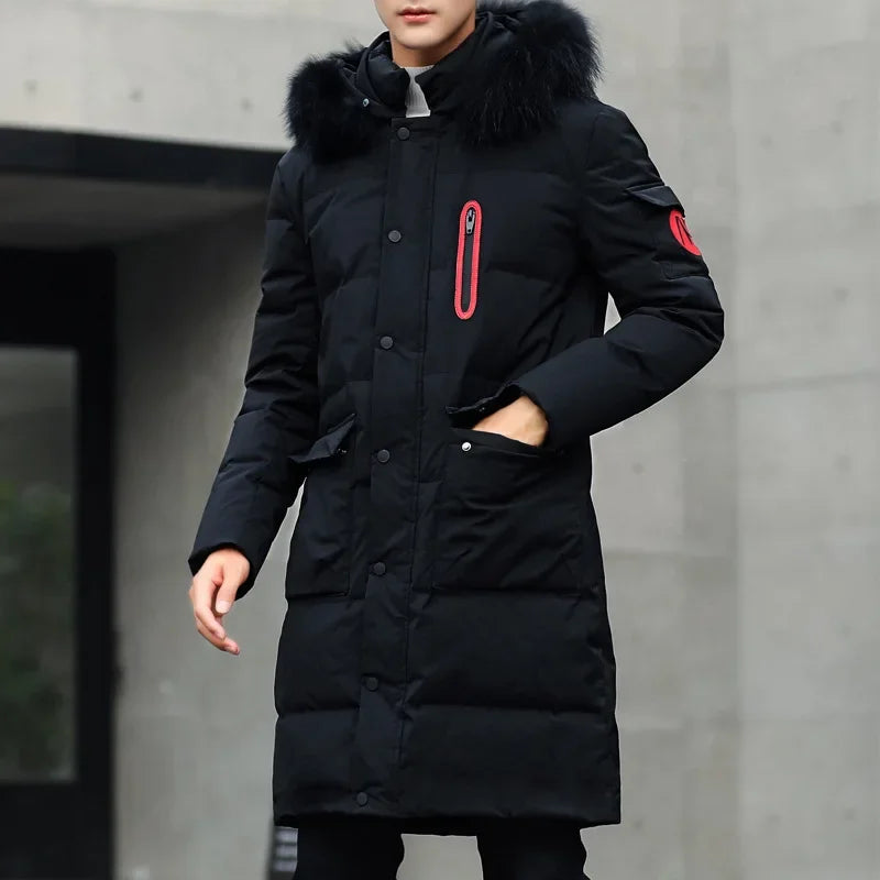 Winter Thick Warm Parka Men Hooded Jacket Mid-length Cotton Padded Jacket Windproof Fur Collar Long Sleeve Slim Coat Windbreaker