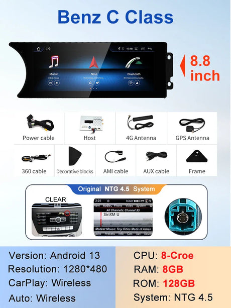 8.8" 8Core Android13 For 11 12 13Years NTG4.5 Mercedes Benz C class W204 Automobile Intelligence System Car Multimedia Screen