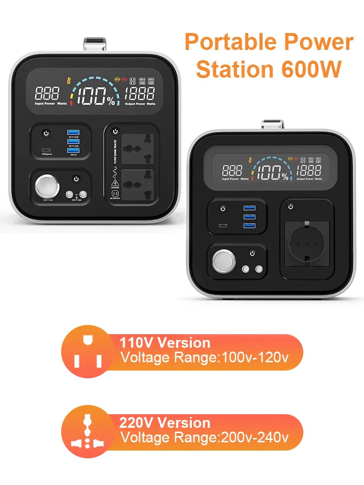 600W Lifepo4 Portable Power Station 595Wh (Peak 1100W) 220V Solar Generator External Battery Camping Car Home Outdoor Emergency