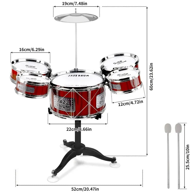 Kids Drum Set Musical Toy Drum Kit for Toddlers Jazz Drum Set with Stool, 2 Drum Sticks, Cymbal and 5 Drums Musical Instruments