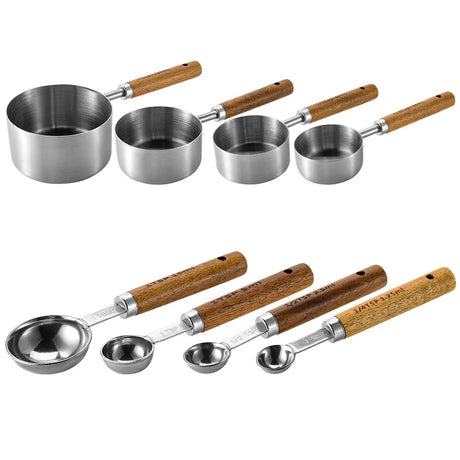 8Pcs Kitchen Baking Tools Bakeware Measuring Tools & Scales Set Stainless Steel Measuring Cups and Spoons With Wooden Handle