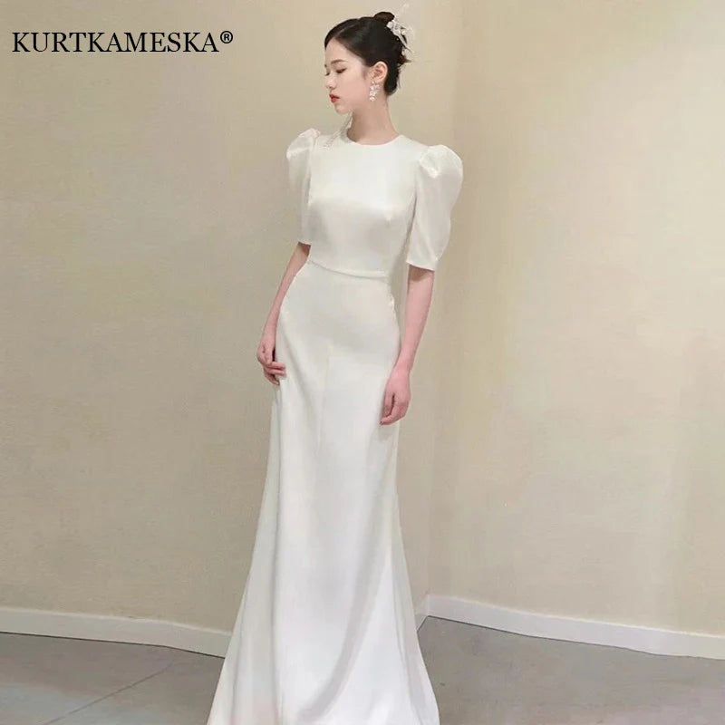 Bride French White Wedding Dress Women Sexy Backless Satin Half Sleeve Mermaid Dresses Elegant Evening Guest Long Party Dress