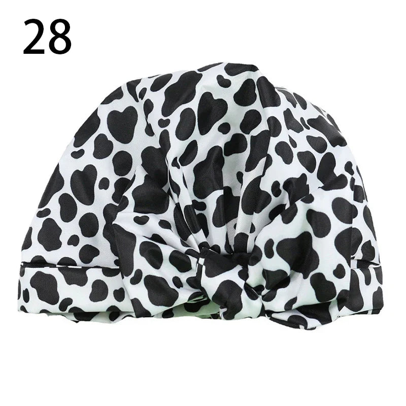 Waterproof Leopard Print Cap Elastic Bow Nightcap Women Satin Hair Bonnet Silk Sleeping Cap Bathroom Shower Accessories Supplies